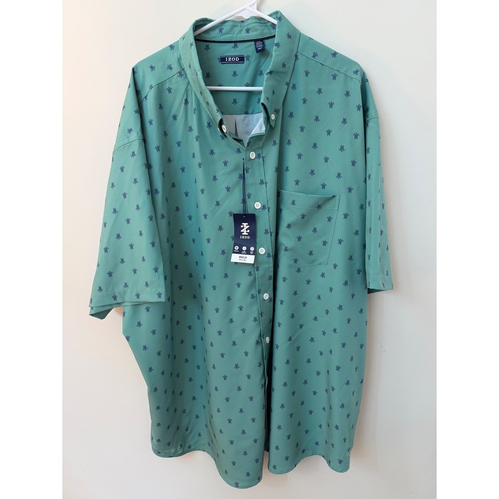 IZOD Breeze Mens 3XLT Big & Tall Green Turtle Print Stretch Button Down Shirt
